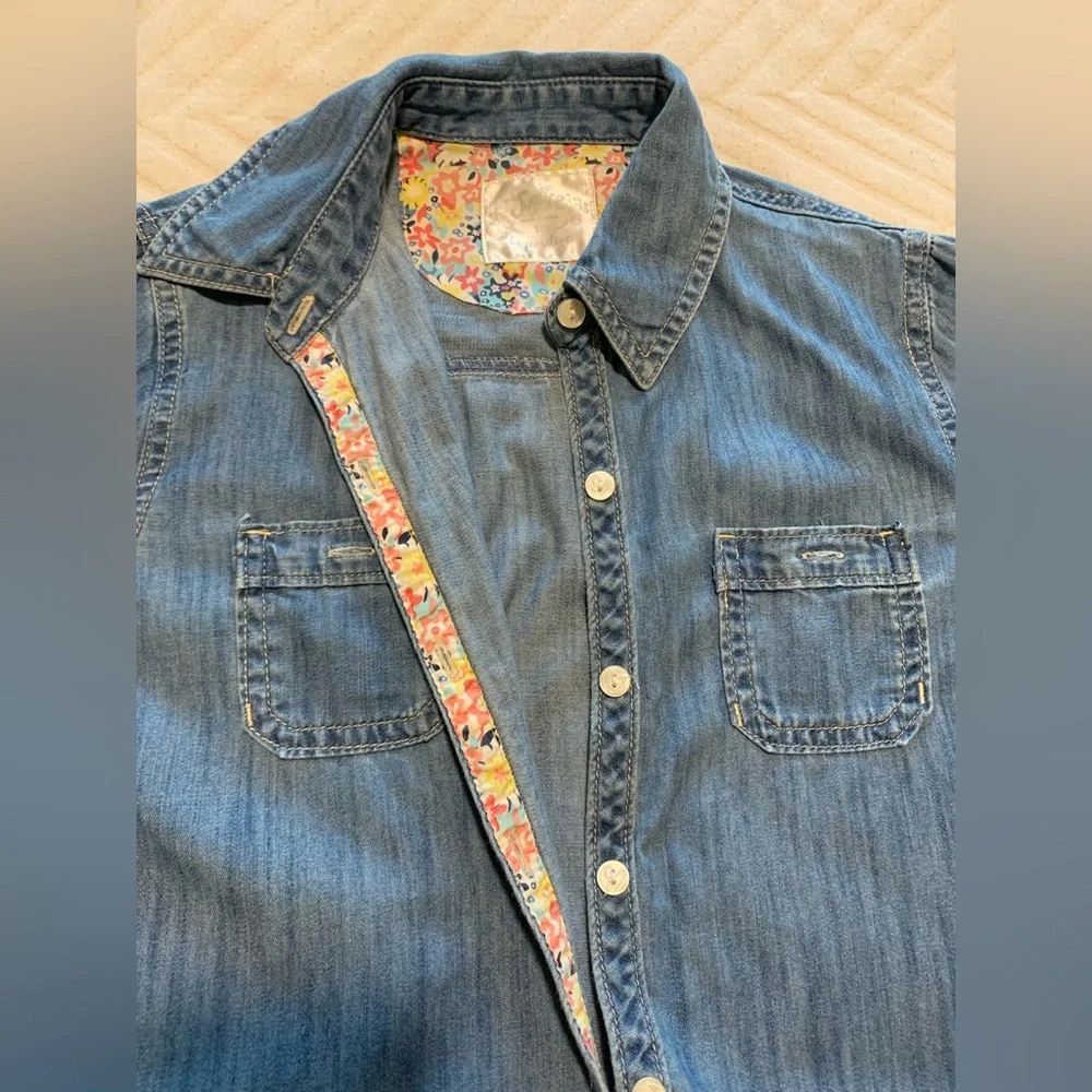 Justice Collared Long Sleeve Denim Button‎ Down with Floral Accent Size 16
